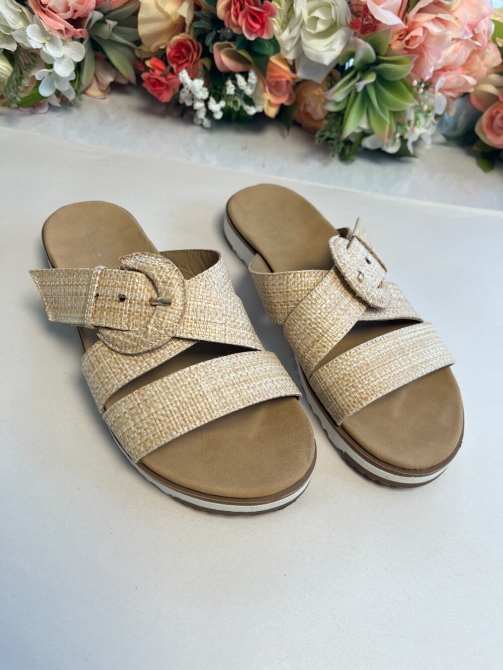Catherine Malandrino Karlin Raffia Slide Sandals Beige Buckle Womens 6.5